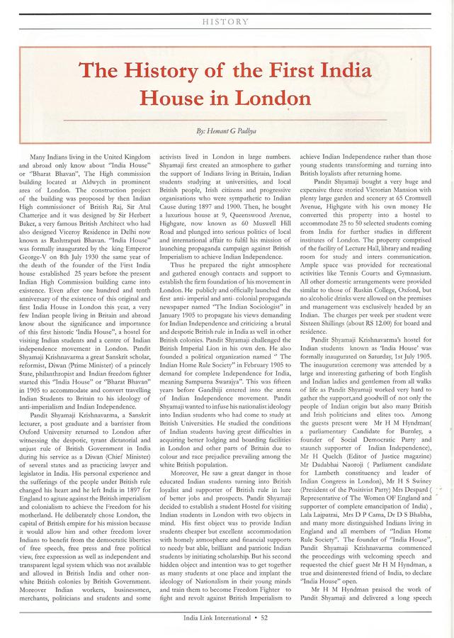 INDIA HOUSE ARTICLE IN INDIALINK INTERNATIONAL